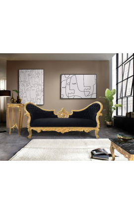 Sofa w stylu barokowym Napoleon III z medalionem czarna aksamitna tkanina i złote drewno