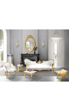 Bergère tecido estilo louis XV simili couro branco e madeira dourada