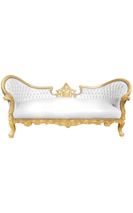 Barockes Medaillon-Sofa im Napoleon-III-Stil, weißes Kunstleder und Blattgoldholz