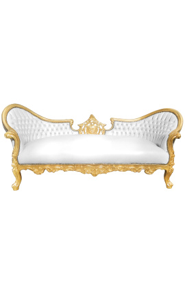 Sofá barroco Napoléon III medaillon simili couro branco e madeira dourada