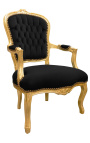 Barokowy fotel z czarnego aksamitu i złotego drewna w stylu Ludwika XV