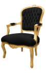 Barokke fauteuil van zwart fluweel en goud hout in Lodewijk XV-stijl