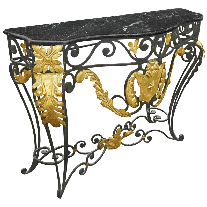 Console en fer forgé de style Louis XV avec marbre noir