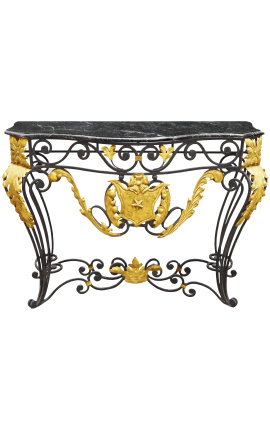 Console en fer forgé de style Louis XV avec marbre noir