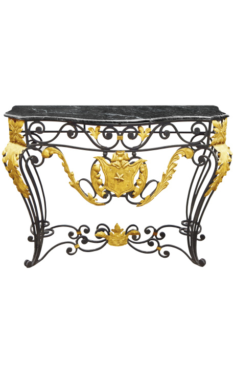 Console de ferro forjado estilo Louis XV com mármore preto