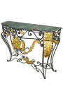 Wrought iron console in Louis XV style with green marble