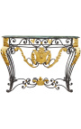 Wrought iron console in Louis XV style with green marble