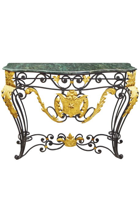 Wrought iron console in Louis XV style with green marble