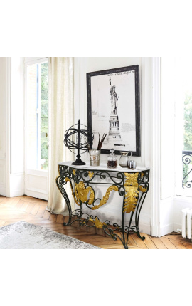 Wrought iron console in Louis XV style with white marble