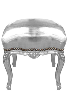 Μπαρόκ υποπόδιο Louis XV ασημί δερματίνη και ασημί ξύλο