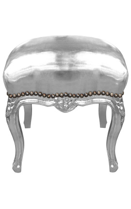 Barokowy podnóżek Ludwika XV srebrna sztuczna skóra i srebrne drewno