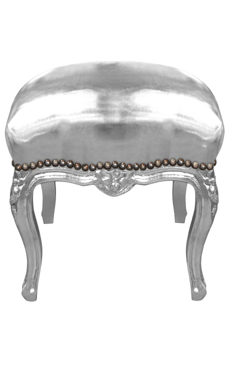Barokni oslonac za noge Louis XV srebrna umjetna koža i srebrno drvo