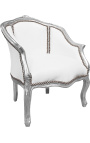 Bergere fotelis Louis XV stiliaus dirbtinė oda balta ir sidabrinė mediena