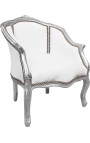 Bergère tecido estilo louis XV simili couro branco e madeira de prata