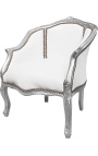 Bergere fotelis Louis XV stiliaus dirbtinė oda balta ir sidabrinė mediena