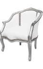 Poltrona Bergere Louis XV Stile in similpelle bianco e legno d'argento - 14