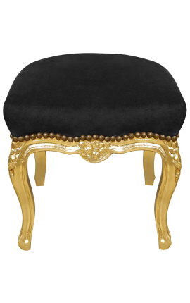 Podnóżek w stylu barokowym Ludwika XV czarna tkanina i drewno w kolorze złotym