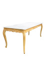 Jedilna lesena baročna miza z zlatimi lističi in sijajno belo ploščo