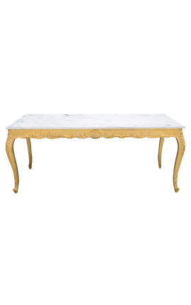Mesa de comedor barroca en madera dorada con hoja y mármol blanco