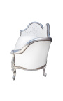 Canapé baroque Napoléon III tissu simili cuir blanc et bois argent