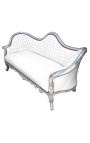 Canapé baroque Napoléon III tissu simili cuir blanc et bois argent