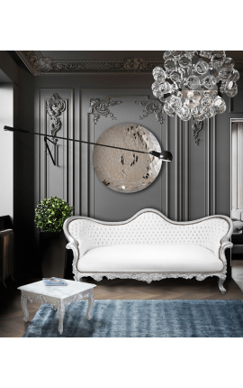 Canapé baroque Napoléon III tissu simili cuir blanc et bois argent