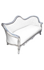 Canapé baroque Napoléon III tissu simili cuir blanc et bois argent