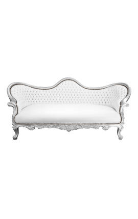 Baroka sofas Napoléon III stila balta āda un sudraba koksne