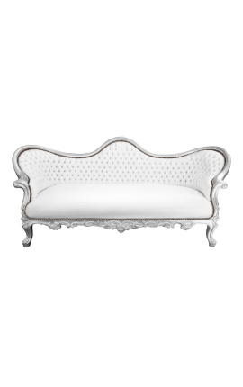 Barock Sofa Napoléon III Stil weiße Lederette und Silber Holz