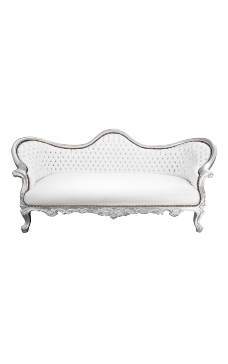 Baroque Sofa Napoléon III style white leatherette and silver wood