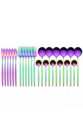 Set of 24 stainless steel cutlery, rainbow color table service