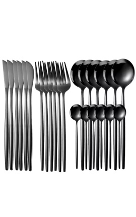 Set of 24 stainless steel cutlery, black color table service