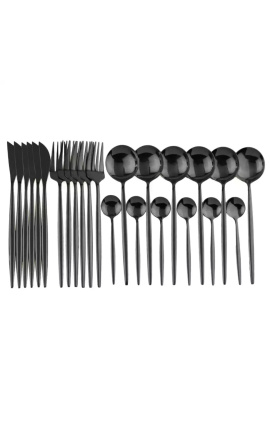 24 nerūdijančio plieno stalo įrankių rinkinys, juodos spalvos stalo servizas