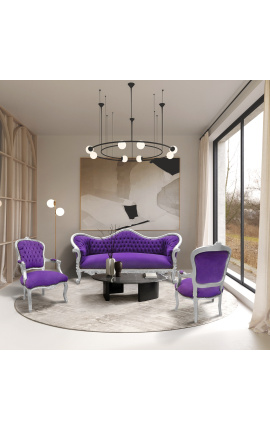 Barokkityylinen nojatuoli Ludvig XV violettia ja hopeoitua puuta