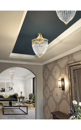 Lustre grande com pingentes de vidro transparente com bronzes dourados