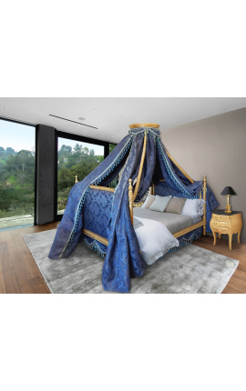 Baroková posteľ s zlatým drevom a modrou "Gobelíny" satínová tkanina