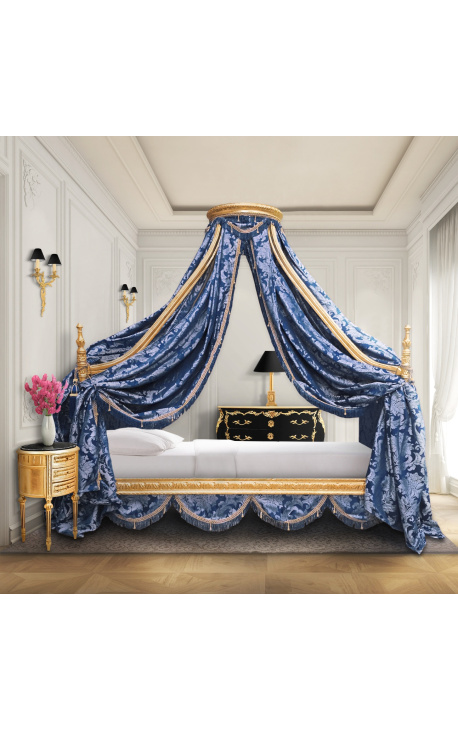 Baroque canopy bed with gold wood and bleu "Gobelins" satine fabric