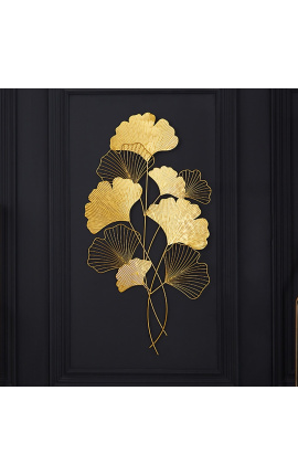 Duża pionowa dekoracja ścienna z metalowych liści Ginkgo w kolorze złotym