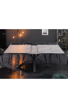 Table de repas &quot;Oceanis&quot; acier noir et plateau en céramique marbre blanc 180-225