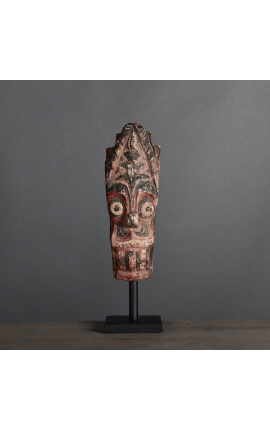 Batak carved wooden lion statue mask on metal base