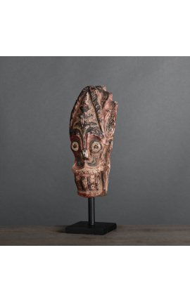 Batak carved wooden lion statue mask on metal base