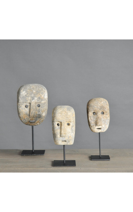 Set of 3 Timor masks in stone and mounted on a base