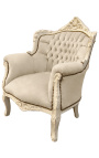 Fauteuil "princier" de style Baroque velours beige et bois beige patiné