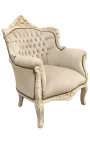 Fauteuil "princier" de style Baroque velours beige et bois beige patiné