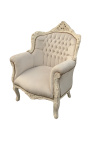 Armchair "princely" Baroque style beige velvet and beige patinated wood