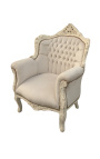 Fauteuil "princier" de style Baroque velours beige et bois beige patiné