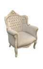 Armchair "princely" Baroque style beige velvet and beige patinated wood