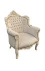 Fauteuil "princier" de style Baroque velours beige et bois beige patiné