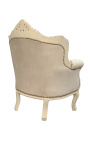 Armchair "princely" Baroque style beige velvet and beige patinated wood