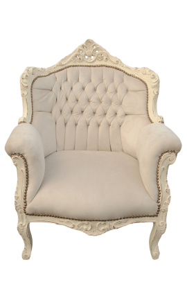 Cadeira de braço "príncipe" Estilo barroco bege veludo e bege madeira patinada